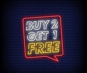 Buy 2 get 1 free neon signs style text vector
