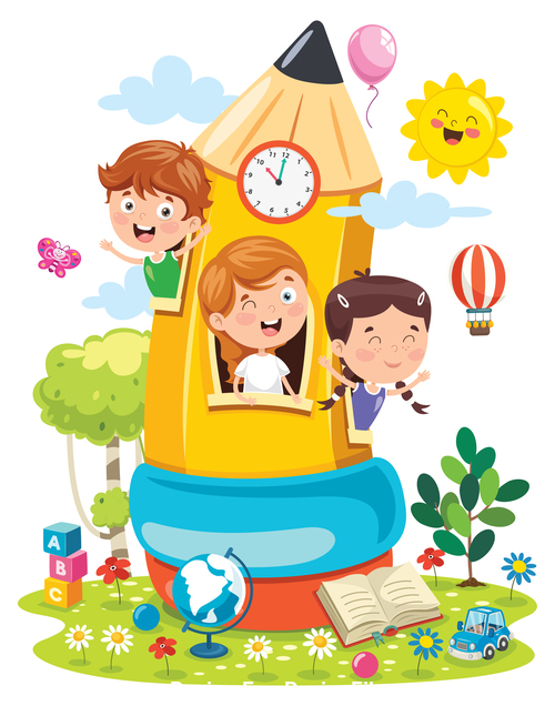 Cartoon happy kids and pencil room playing vector free download