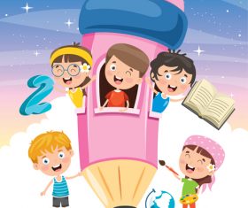 Cartoon kids playing in pink pencil room vector