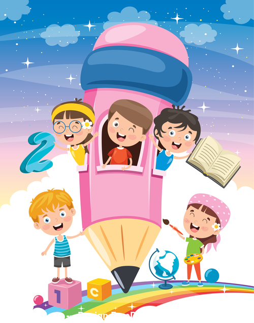 Cartoon kids playing in pink pencil room vector