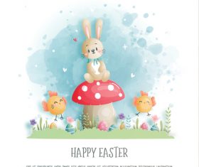 Cartoon rabbit and chick easter egg watercolor vector