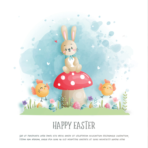 Cartoon rabbit and chick easter egg watercolor vector