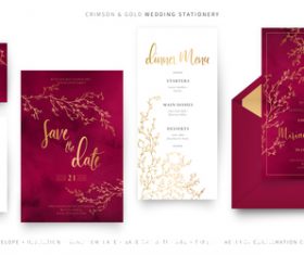 Crimson gold wedding stationery vector