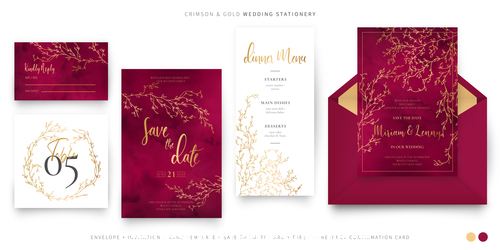 Crimson gold wedding stationery vector