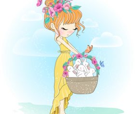 Cute girl with animals painted illustration vector