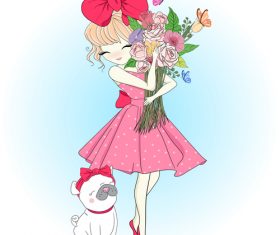 Cute girl with flowers cartoon illustration vector