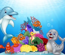 Dolphin and sea lion cartoon illustration vector