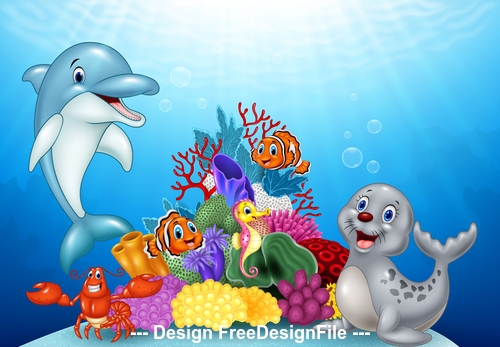 Dolphin and sea lion cartoon illustration vector free download