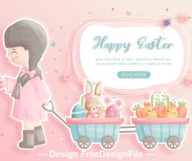 Easter girl and cute bunny illustration vector