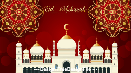 Eid Mubarak greeting card mosque background vector