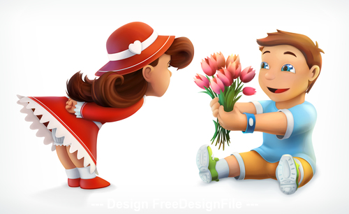 Girl and boy greetings bouquet of flowers vector