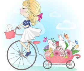 Girl and rabbit cartoon illustration vector