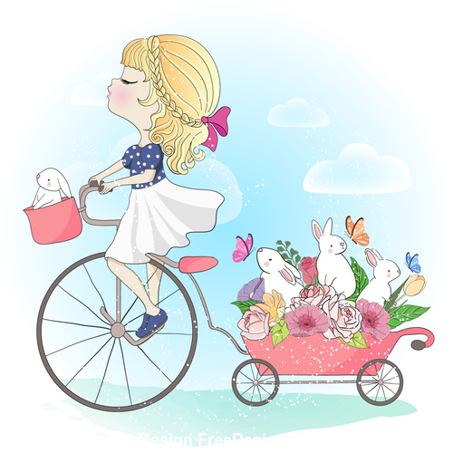 Girl and rabbit cartoon illustration vector free download