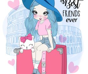 Girl sitting on suitcase vector