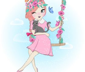 Girl swinging cartoon illustration vector