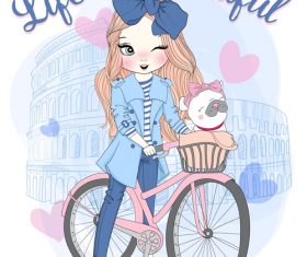 Girl with dog amid street vector