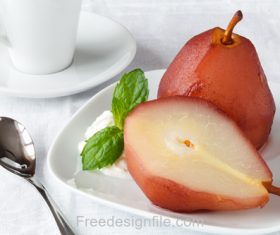 Green leaf with Ice Cream and Frozen pear Stock Photo