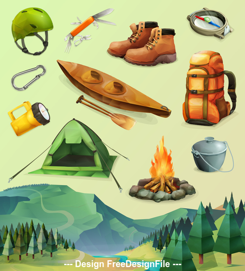 Hike set of vector icons low poly style