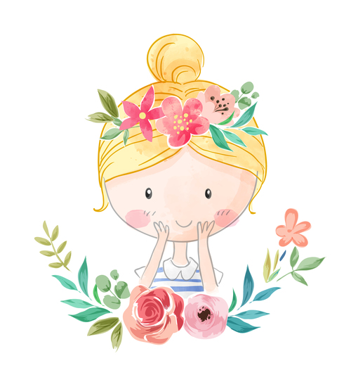 Little girl and flower cartoon illustration vector free download