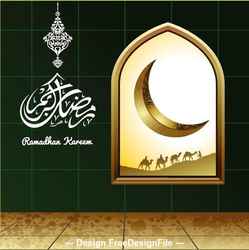 Moon with Camel Ramadan Kareem Islamic Greeting Card vector 02