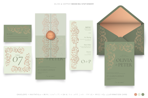 Olive copper wedding stationery vector