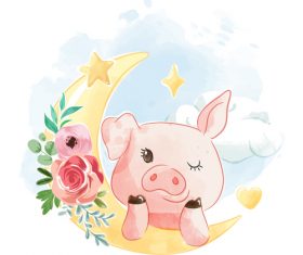 Piggy and moon cartoon illustration vector