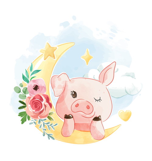 Piggy and moon cartoon illustration vector