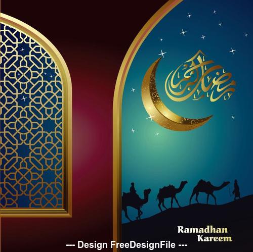 Ramadan Kareem Islamic Greeting Card with Moon Camel Silhouette vector