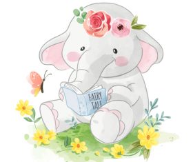 Reading book of elephant cartoon illustration vector