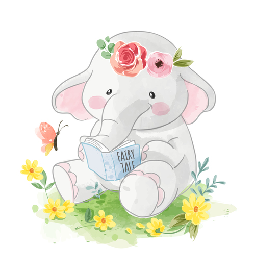 Reading book of elephant cartoon illustration vector