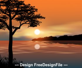 River and sunset cartoon illustration vector