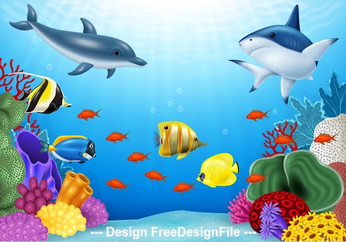 Shark and fish school cartoon illustration vector