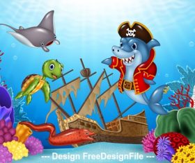 Shark pirate cartoon illustration vector