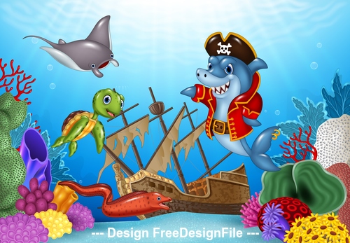 Shark pirate cartoon illustration vector