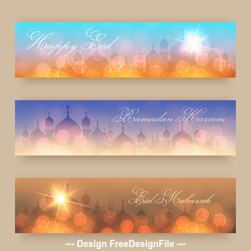 Three shiny background banners Eid mubarak vector
