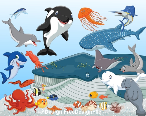 Various sea animals cartoon illustration vector free download