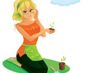 Woman planting flowers and plants cartoon vector