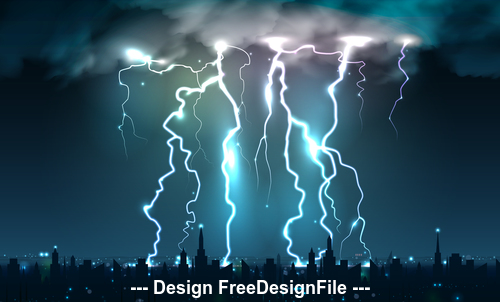 Bright blows lightning night sky realistic illustrations vector