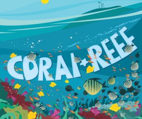 Coral reef with lots of fish of different species and seaweed vector