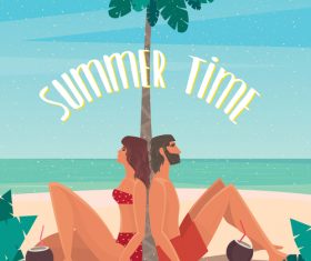 Couple sitting on a beach under a palm tree vector