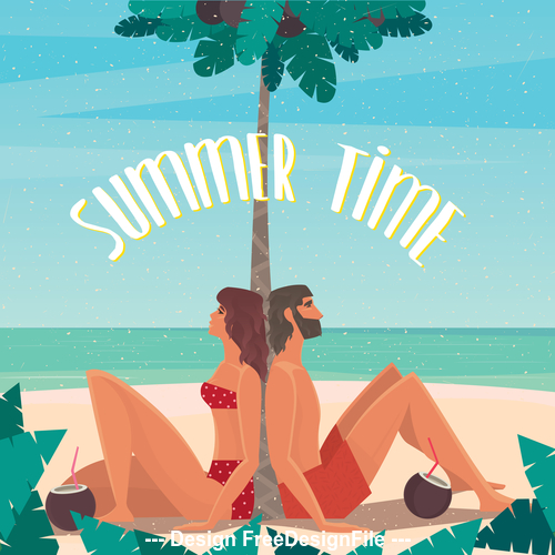 Couple sitting on a beach under a palm tree vector