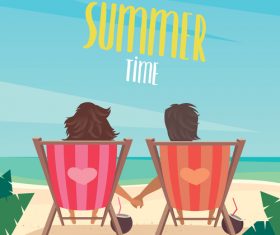 Couple sitting on the deck chairs on the beach vector
