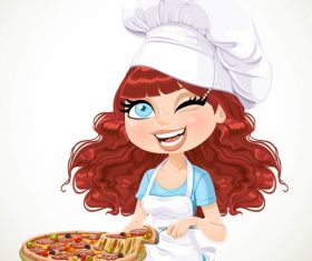 Cute curly hair girl chef and pizza vector