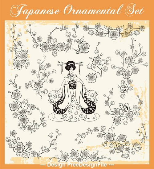 Flower viewing woman japanese traditional illustration vector
