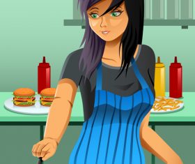 Girl making burger cartoon vector