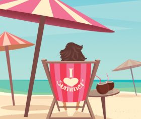 Girl sitting on a deck chair under an umbrella by the sea vector