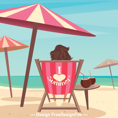Girl sitting on a deck chair under an umbrella by the sea vector