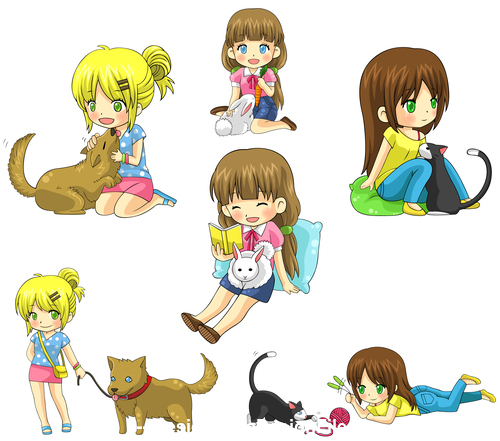Japanese comic girl and pet vector