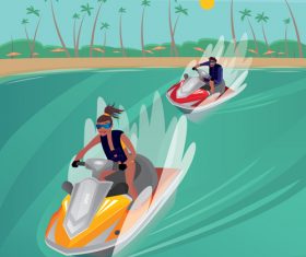 Man on a water scooter overtakes girl on the water scooter vector