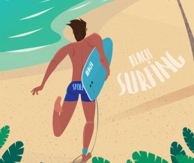 Man running on the beach with surfboard vector